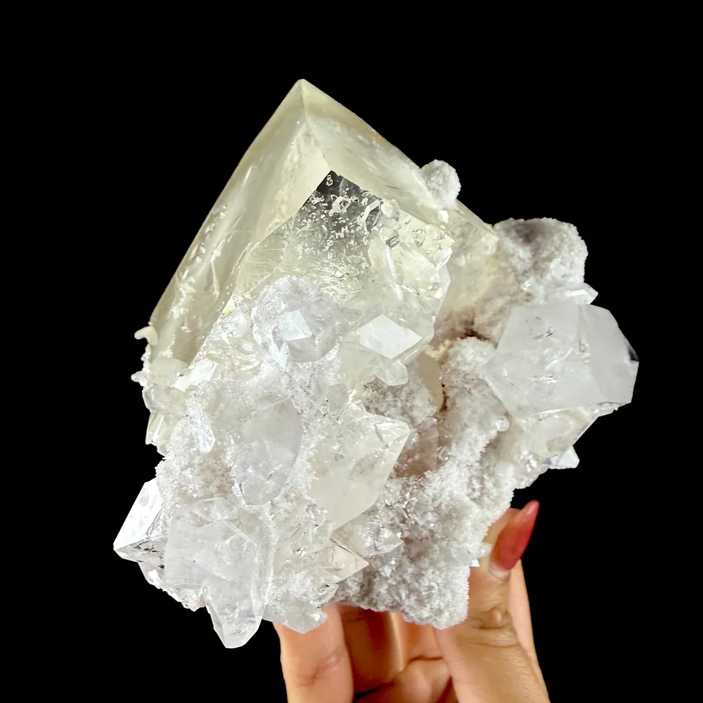 Calcite Cluster with Fluorapophyllite on Shimmering Chalcedony Matrix – Rare Indian Mineral Specimen from Jalgaon DKT130 - image 6