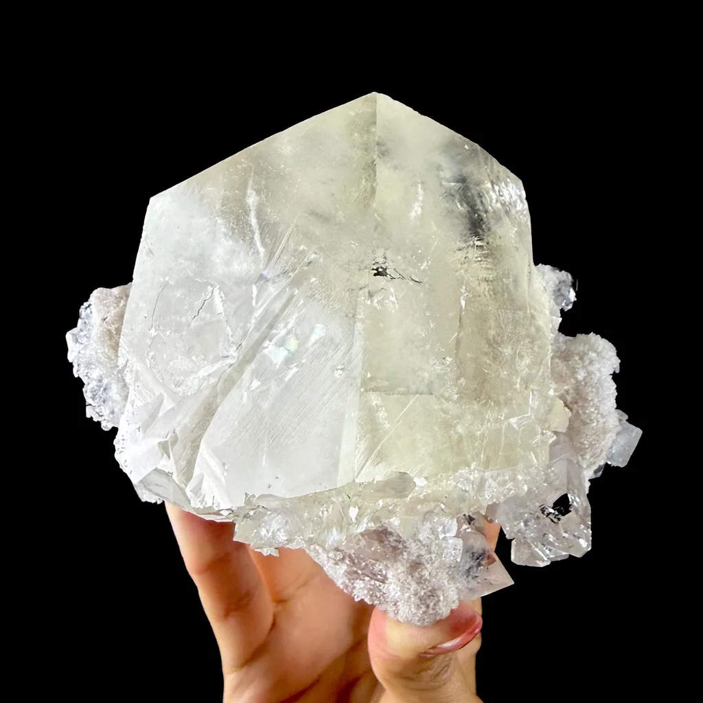 Calcite Cluster with Fluorapophyllite on Shimmering Chalcedony Matrix – Rare Indian Mineral Specimen from Jalgaon DKT130 - image 2