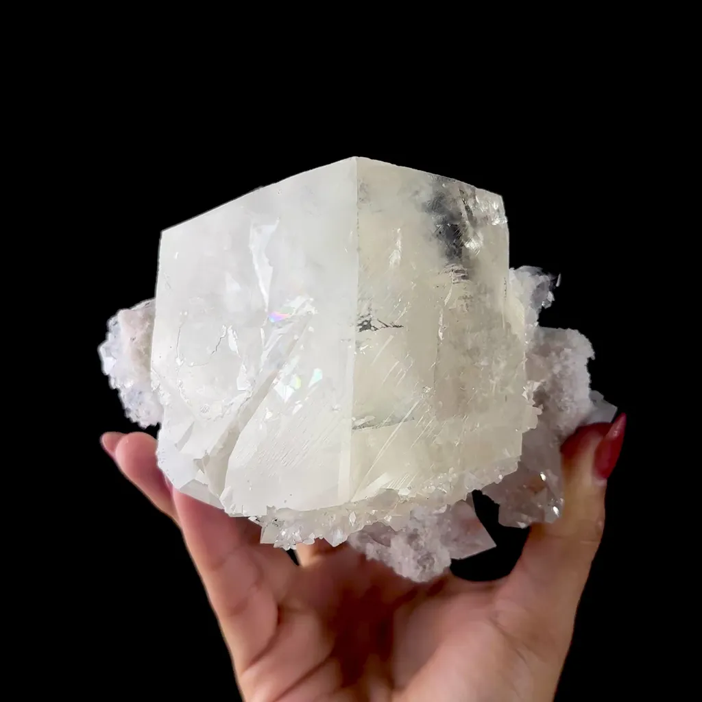 Calcite Cluster with Fluorapophyllite on Shimmering Chalcedony Matrix – Rare Indian Mineral Specimen from Jalgaon DKT130 - image 9