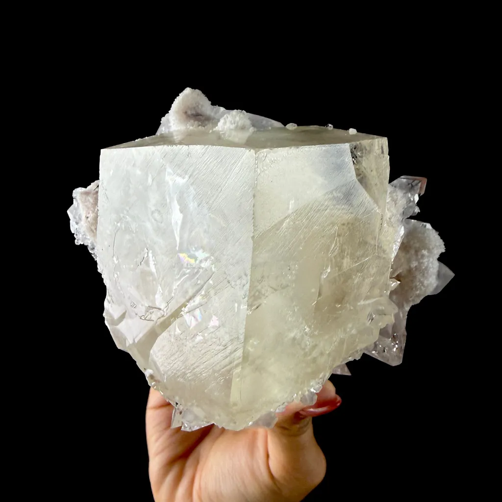 Calcite Cluster with Fluorapophyllite on Shimmering Chalcedony Matrix – Rare Indian Mineral Specimen from Jalgaon DKT130 - image 4
