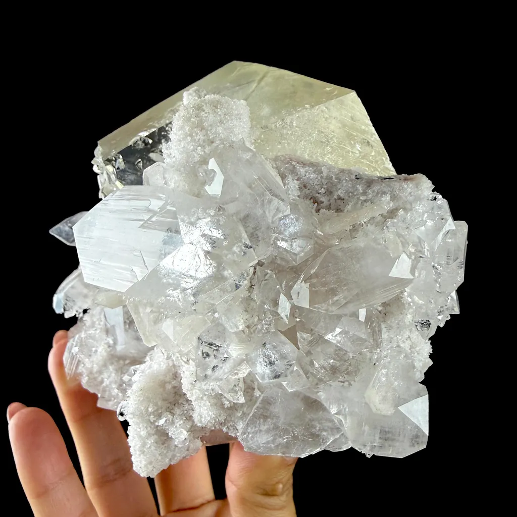 Calcite Cluster with Fluorapophyllite on Shimmering Chalcedony Matrix – Rare Indian Mineral Specimen from Jalgaon DKT130 - image 8
