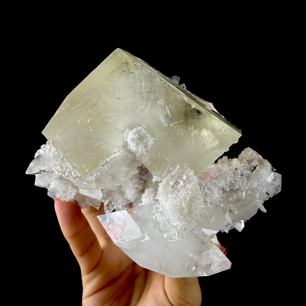 Calcite Cluster with Fluorapophyllite on Shimmering Chalcedony Matrix – Rare Indian Mineral Specimen from Jalgaon DKT130 - image 5
