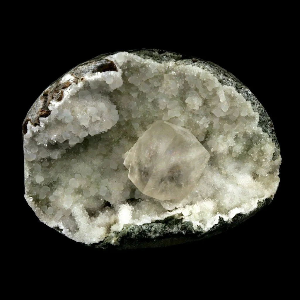Calcite Cube inside MM Quartz Geode Natural Minerals Specimen image