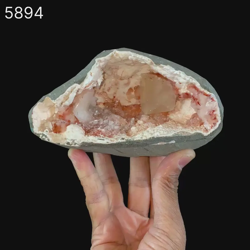 Calcite Cube with Stilbite inside Chalcedony Geode Natural Mineral Specimen - image 6