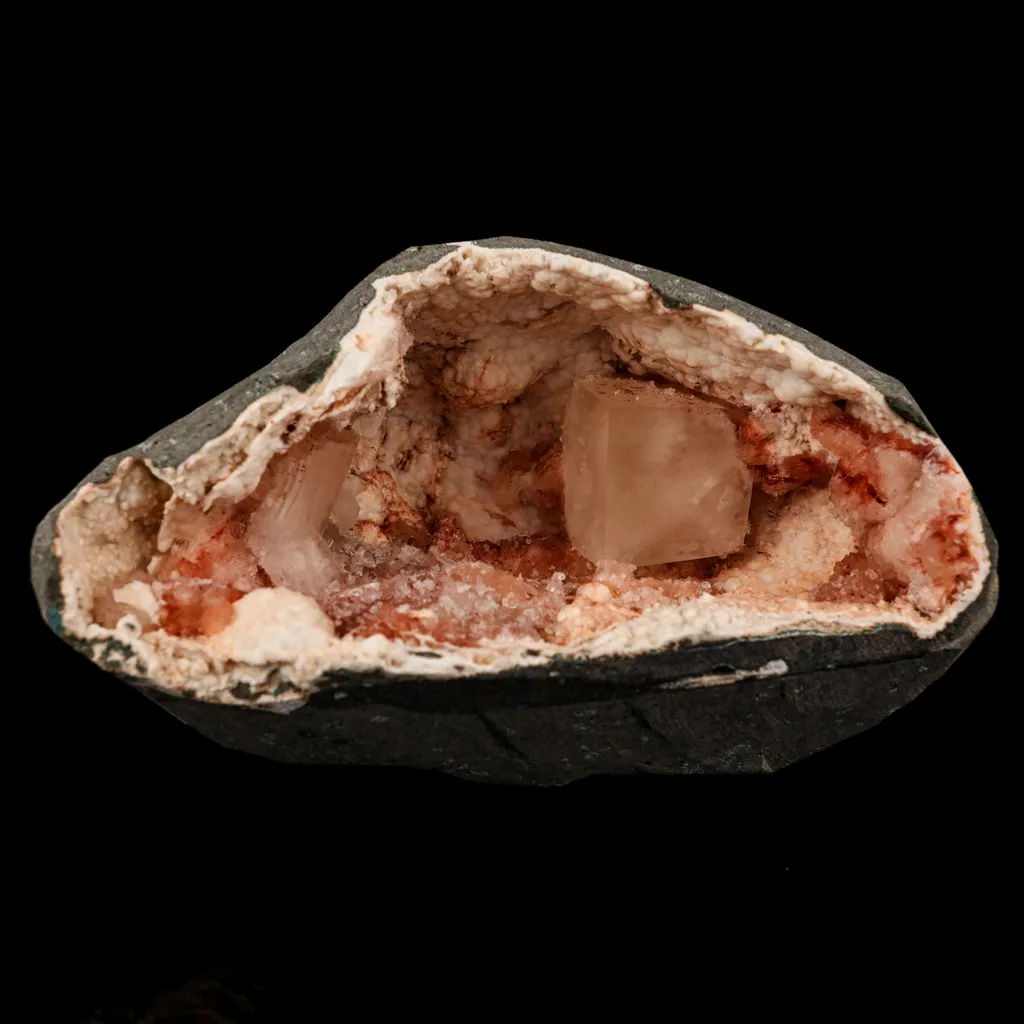 Calcite Cube with Stilbite inside Chalcedony Geode Natural Mineral Specimen image