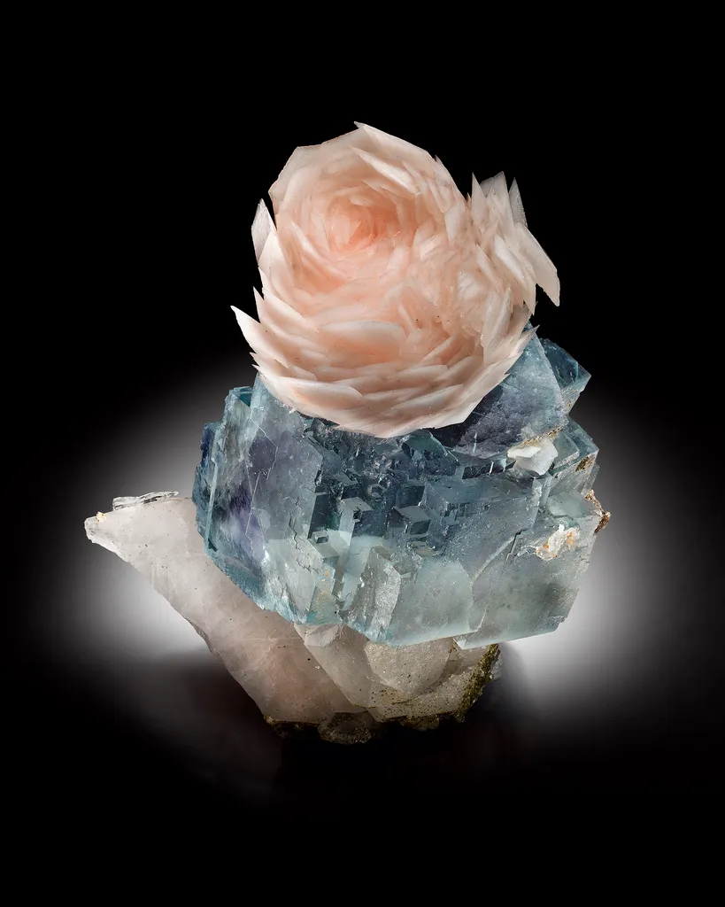 Calcite Flower on Fluorite and Quartz image