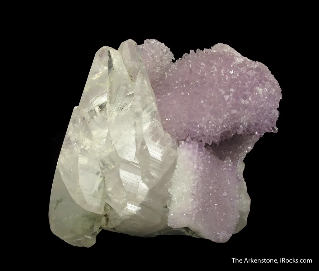 Calcite (fluor.) on Quartz var. Amethyst image