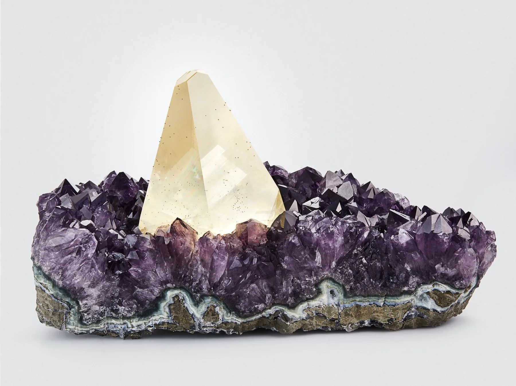 Calcite on Amethyst with Chalcopyrite - image 1