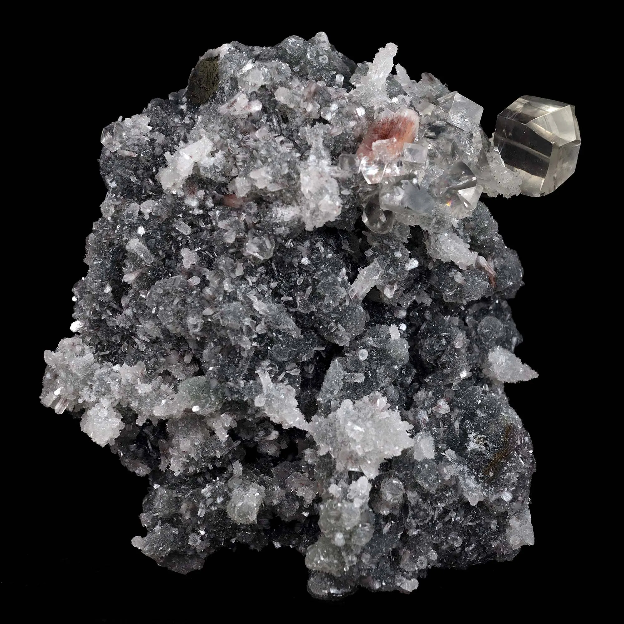 Calcite with Apophyllite Crystals on Black Chalcedony Natural Mineral Specimen - image 1