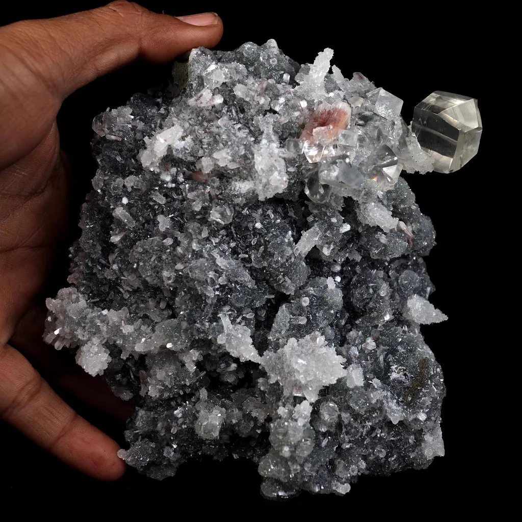 Calcite with Apophyllite Crystals on Black Chalcedony Natural Mineral Specimen - image 4