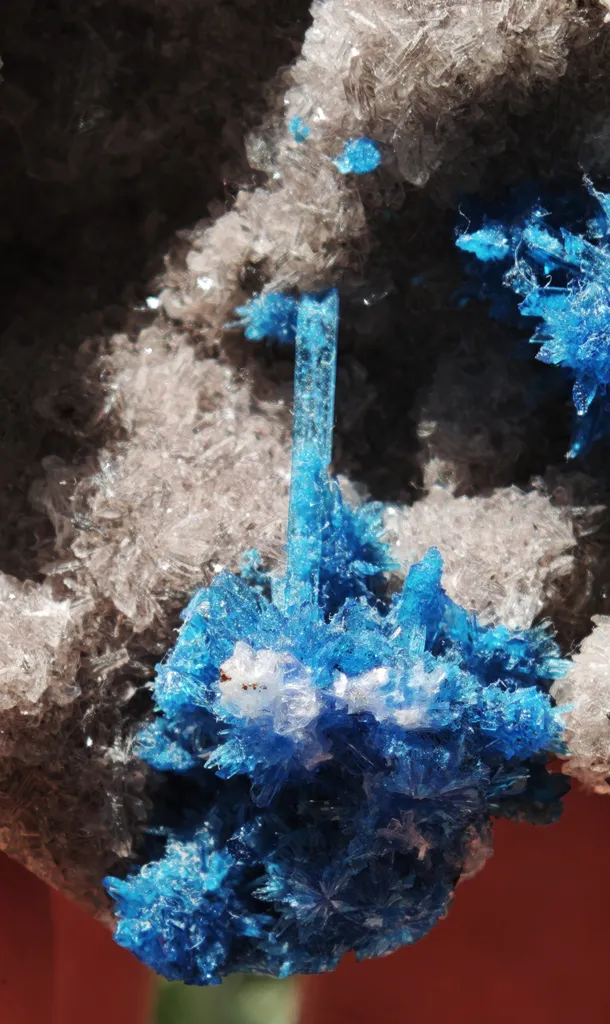 Cavansite var. Pentagonite from India.Bright blue bursting, snowflake like Pentagonite crystals w/ Stilbite on a sparkling Heulandite matrix image