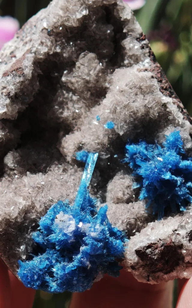 Cavansite var. Pentagonite from India.Bright blue bursting, snowflake like Pentagonite crystals w/ Stilbite on a sparkling Heulandite matrix - image 6