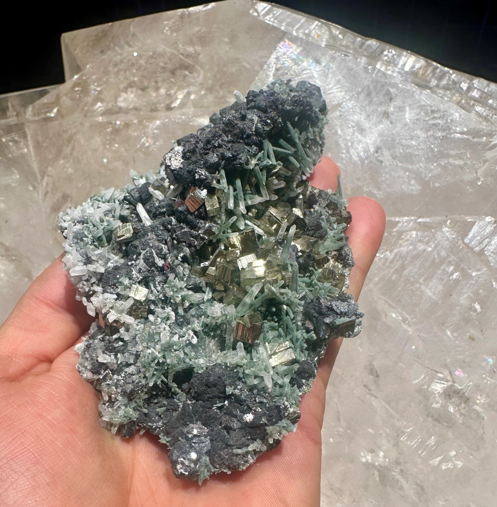 Chlorine needle Quartz cluster with lustrous cubic Pyrite and Galena from Bulgaria, Smolyan Province, Madan ore field, Septemvri Mine - image 3