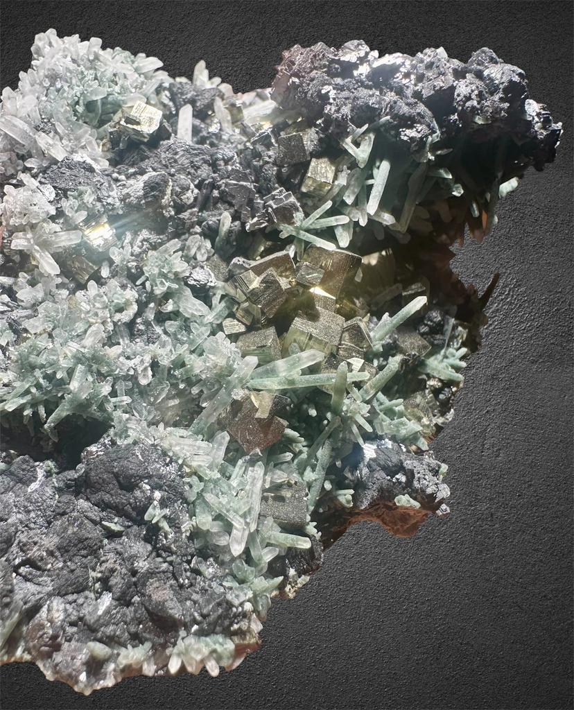 Chlorine needle Quartz cluster with lustrous cubic Pyrite and Galena from Bulgaria, Smolyan Province, Madan ore field, Septemvri Mine - image 4