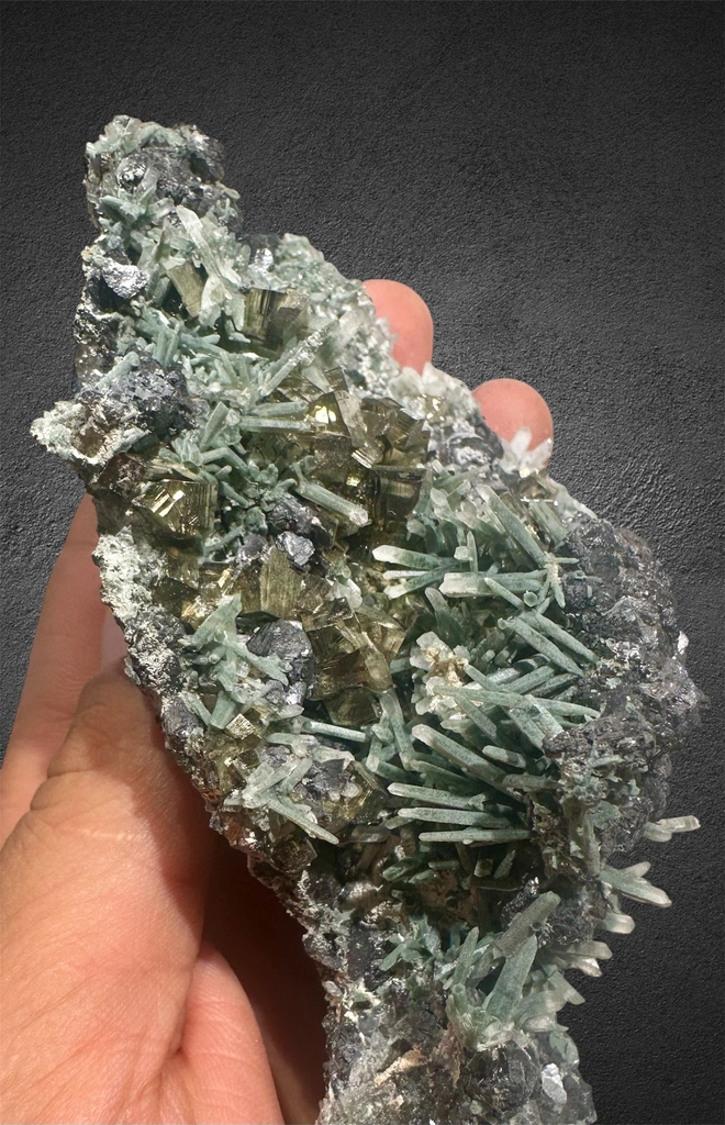 Chlorine needle Quartz cluster with lustrous cubic Pyrite and Galena from Bulgaria, Smolyan Province, Madan ore field, Septemvri Mine - image 6