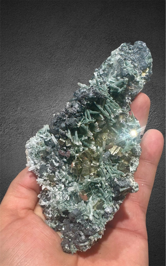 Chlorine needle Quartz cluster with lustrous cubic Pyrite and Galena from Bulgaria, Smolyan Province, Madan ore field, Septemvri Mine - image 7