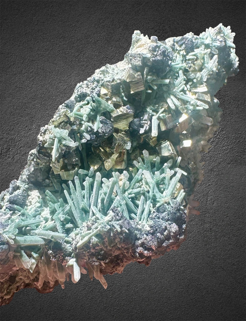 Chlorine needle Quartz cluster with lustrous cubic Pyrite and Galena from Bulgaria, Smolyan Province, Madan ore field, Septemvri Mine image