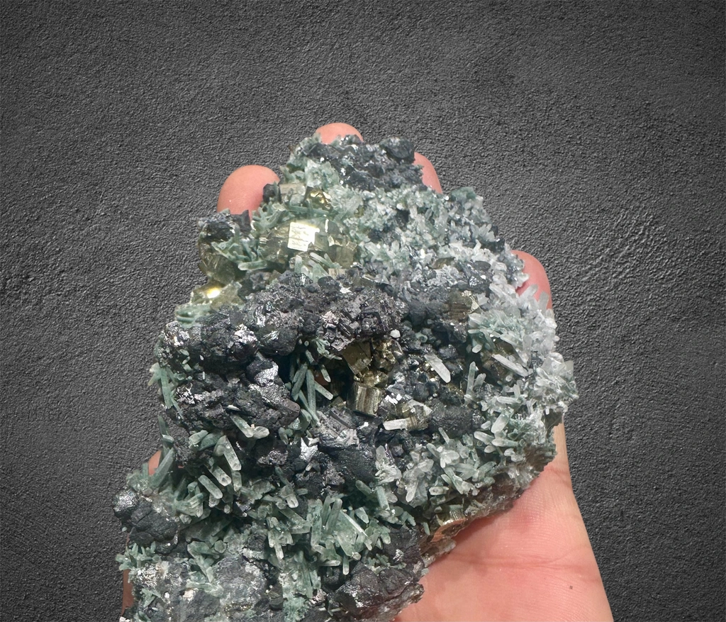 Chlorine needle Quartz cluster with lustrous cubic Pyrite and Galena from Bulgaria, Smolyan Province, Madan ore field, Septemvri Mine - image 5