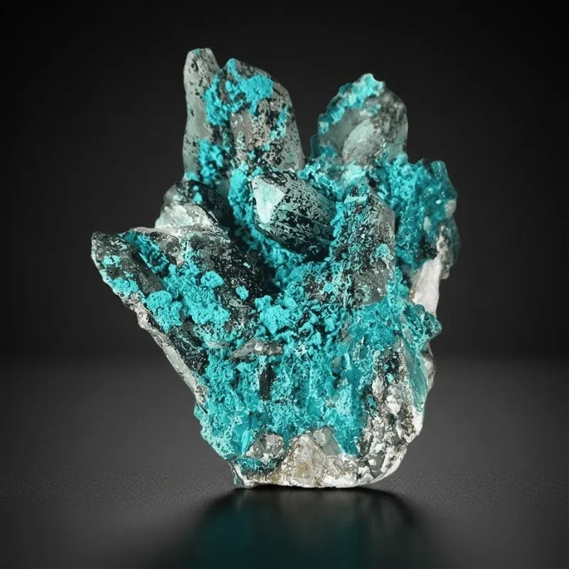 Chrysocolla on Quartz from Peru, Huancavelica, Julcani District, Tentadora Mine image