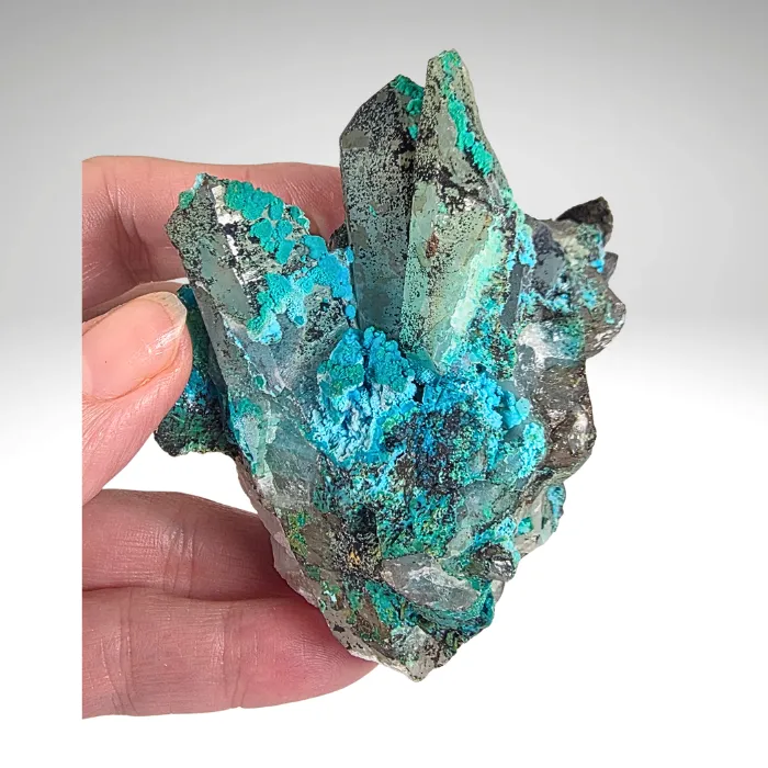 Chrysocolla on Quartz from Peru, Huancavelica, Julcani District, Tentadora Mine - image 3