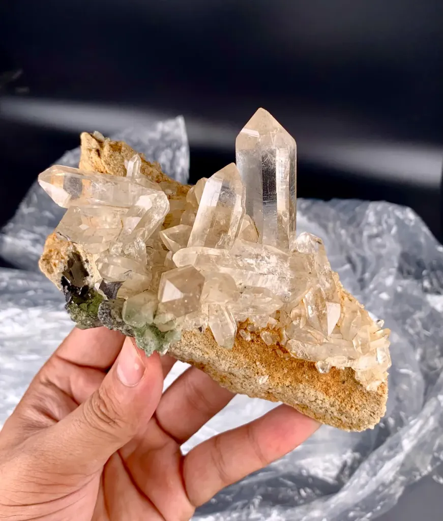 Clear Hashupi Quartz Cluster Combine Hematite on Matrix from Pakistan - image 4