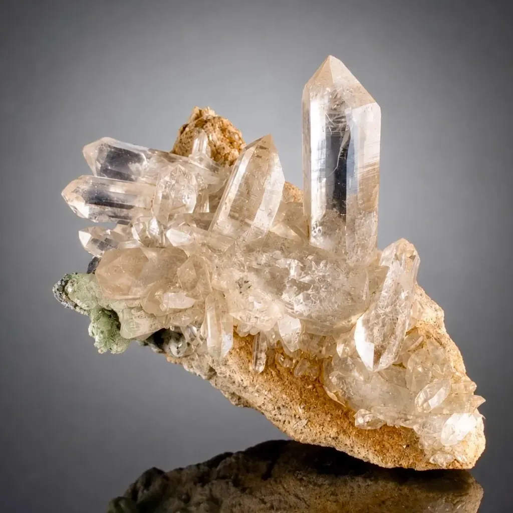 Clear Hashupi Quartz Cluster Combine Hematite on Matrix from Pakistan - image 3