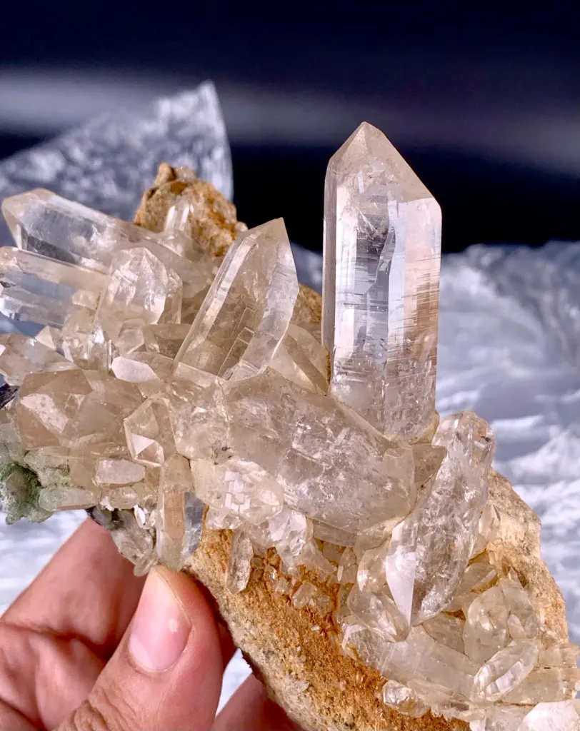 Clear Hashupi Quartz Cluster Combine Hematite on Matrix from Pakistan - image 5