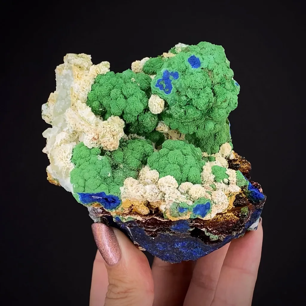 Conichalcite ps. Azurite with Azurite, and Calcite image