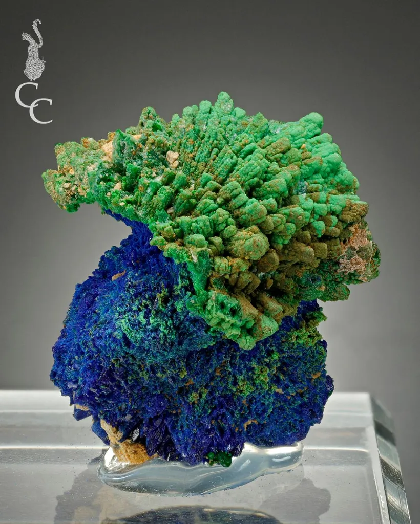 Conichalcite ps. Calcite on Azurite image