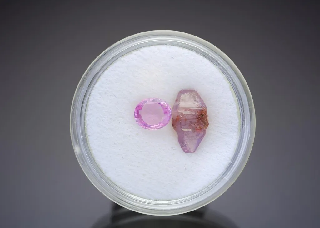 Corundum var. Pink Sapphire Uncut crystal and cut gem image