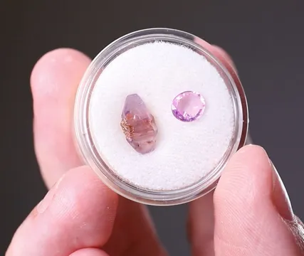 Corundum var. Pink Sapphire Uncut crystal and cut gem