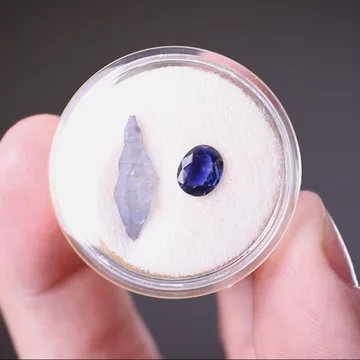 Corundum var. Sapphire Uncut crystal and cut gem