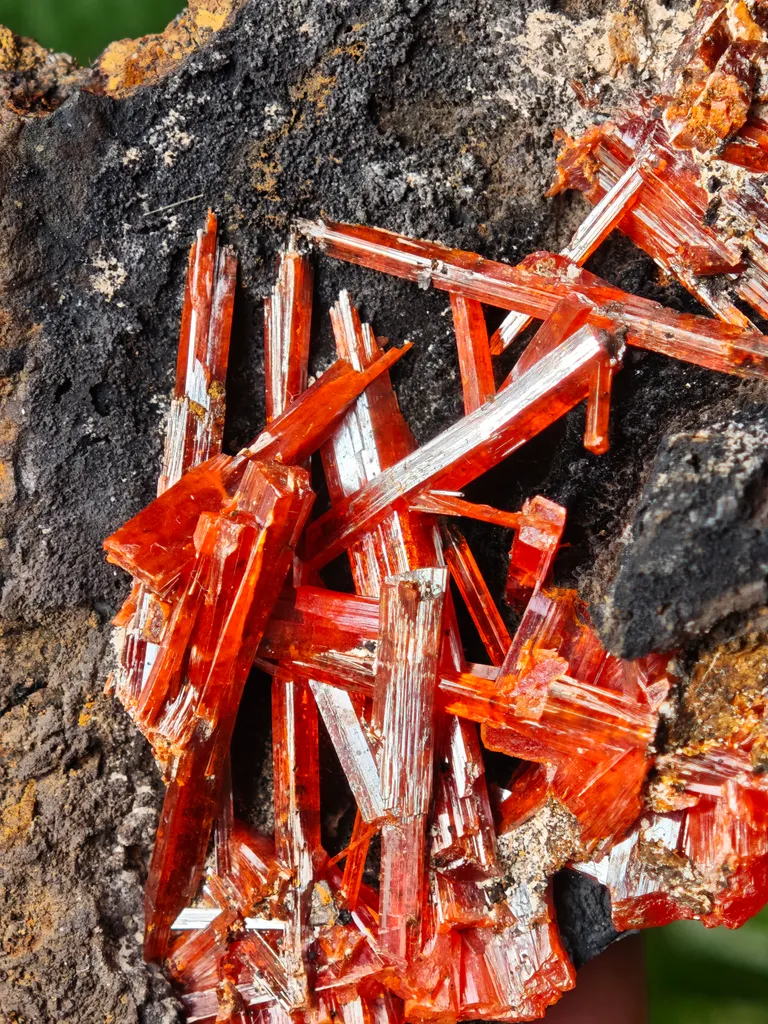 Crocoite from Australia. Fire orange-red color crystals of highly lustrous, partially gemmy Crocoite image