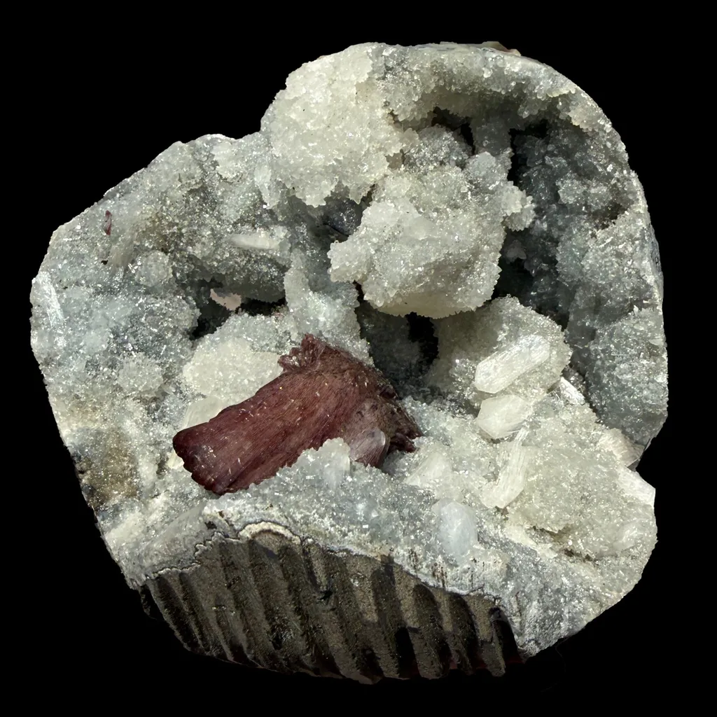 Deep Red Heulandite & Stilbite in Sparkling Chalcedony Geode – Indian Zeolite Mineral from Jalgaon image
