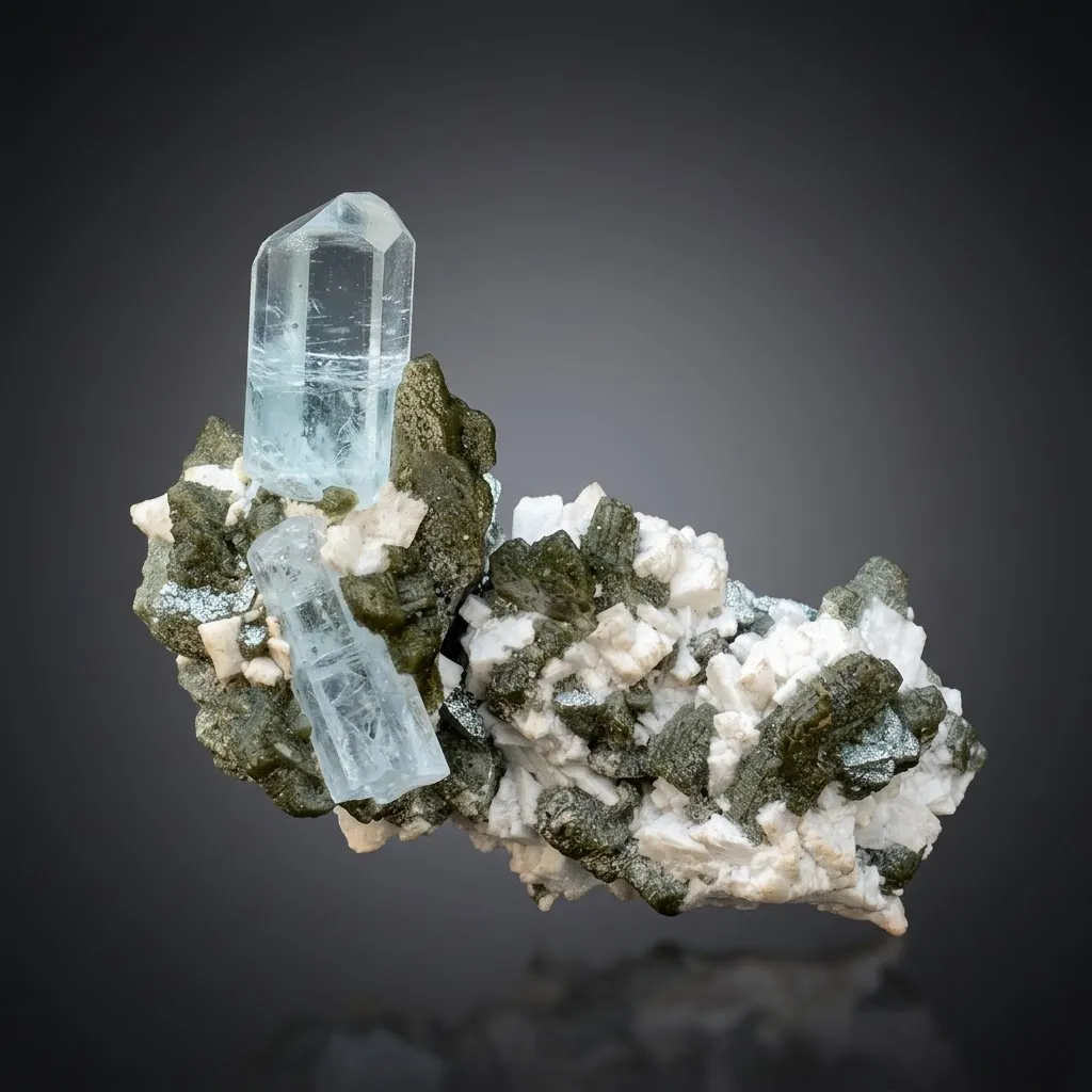 Diamond Cut Blue Aquamarine Crystal with Mica and Albite image