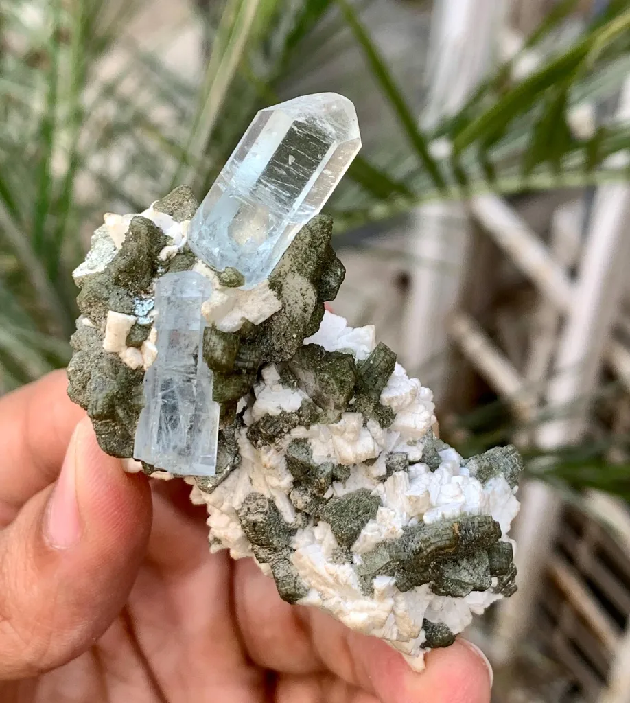 Diamond Cut Blue Aquamarine Crystal with Mica and Albite - image 5