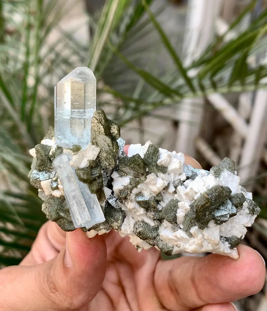 Diamond Cut Blue Aquamarine Crystal with Mica and Albite - image 2