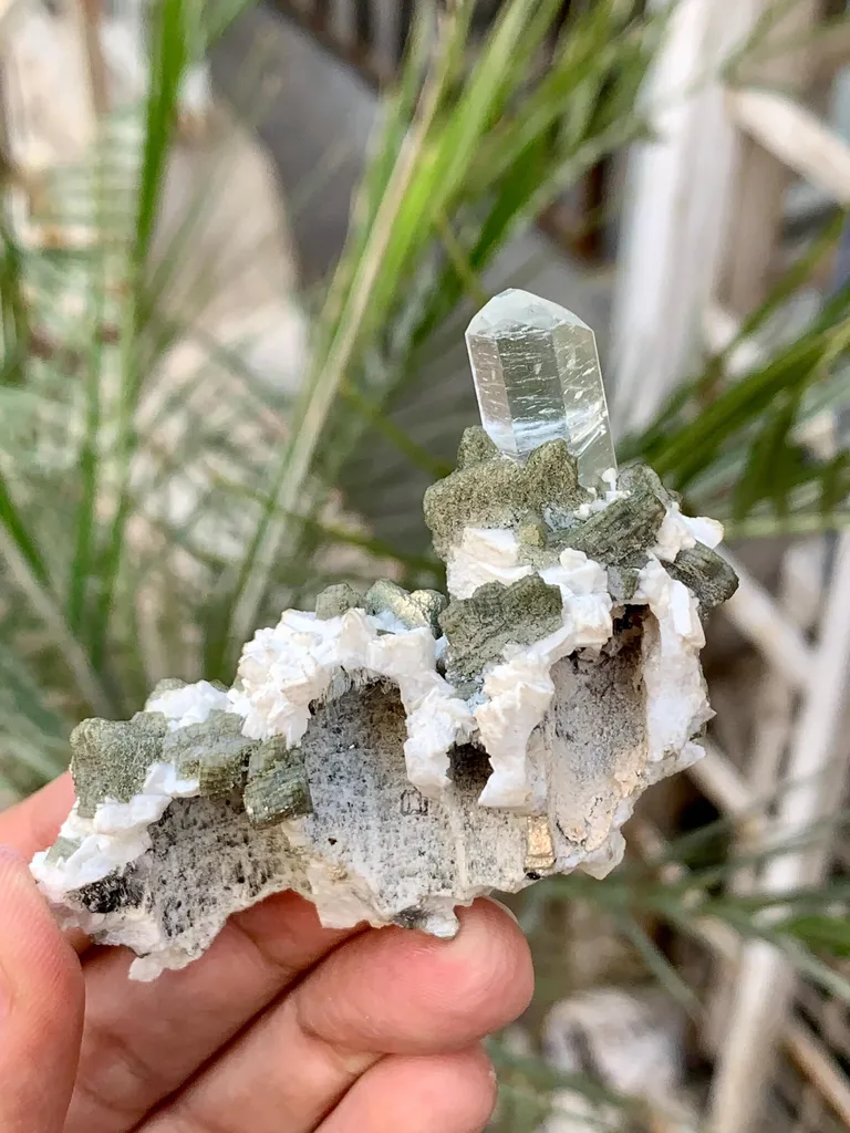 Diamond Cut Blue Aquamarine Crystal with Mica and Albite - image 7