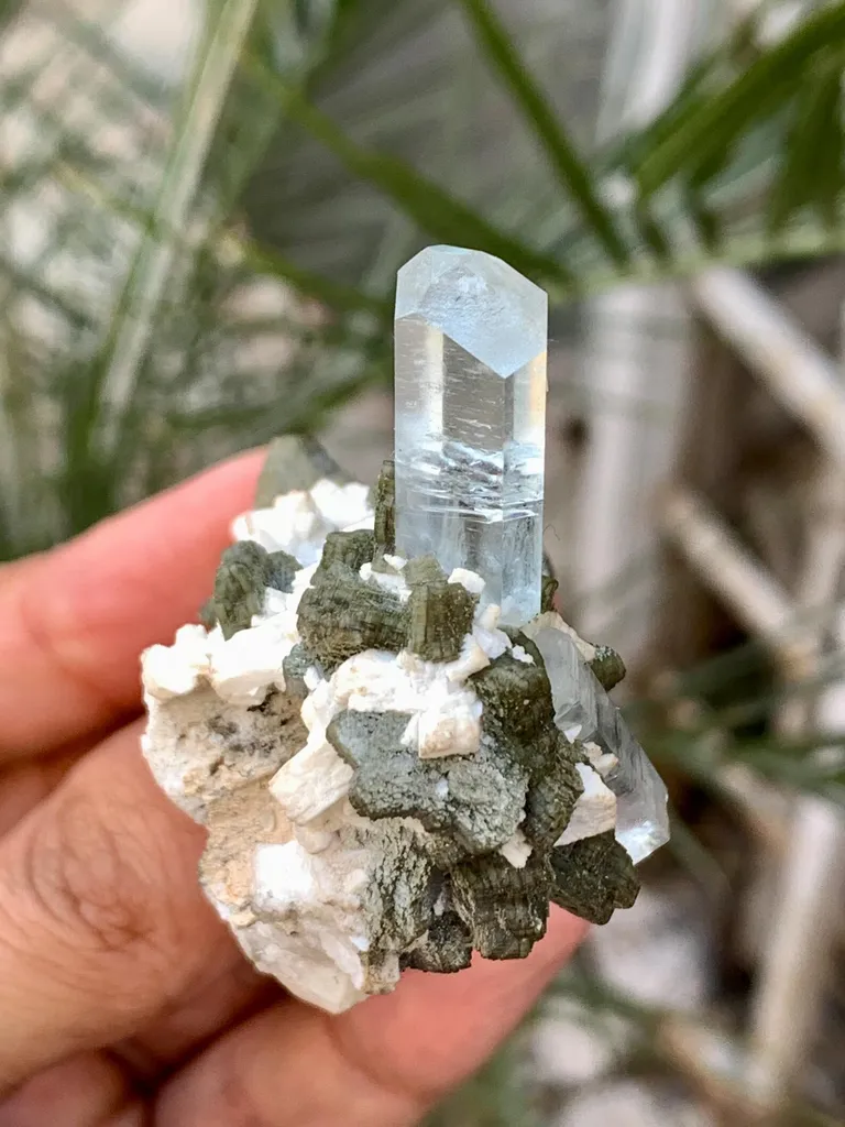 Diamond Cut Blue Aquamarine Crystal with Mica and Albite - image 4