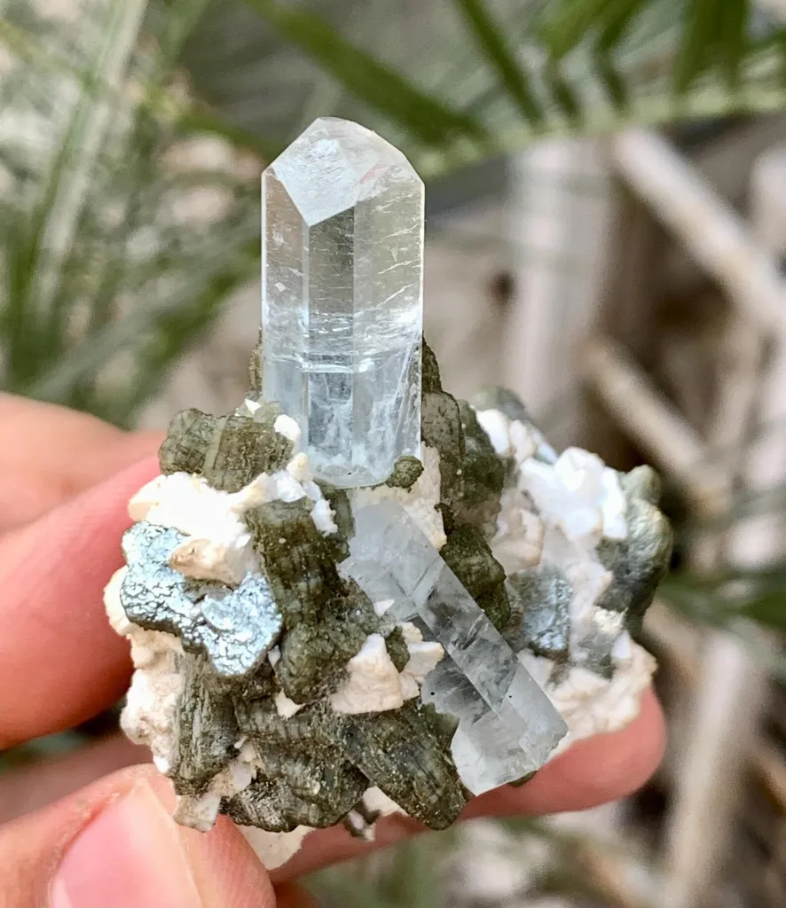 Diamond Cut Blue Aquamarine Crystal with Mica and Albite - image 3
