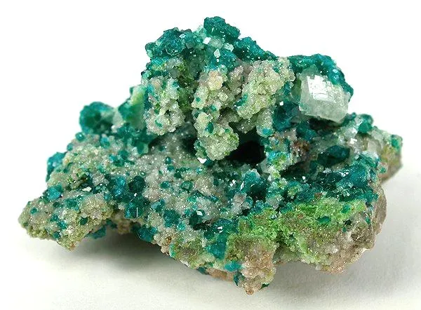 Dioptase, Calcite, Duftite, Smithsonite (Var: Cobaltoan Smithsonite) image