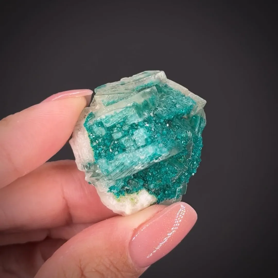 Dioptase on and included in Calcite - image 2