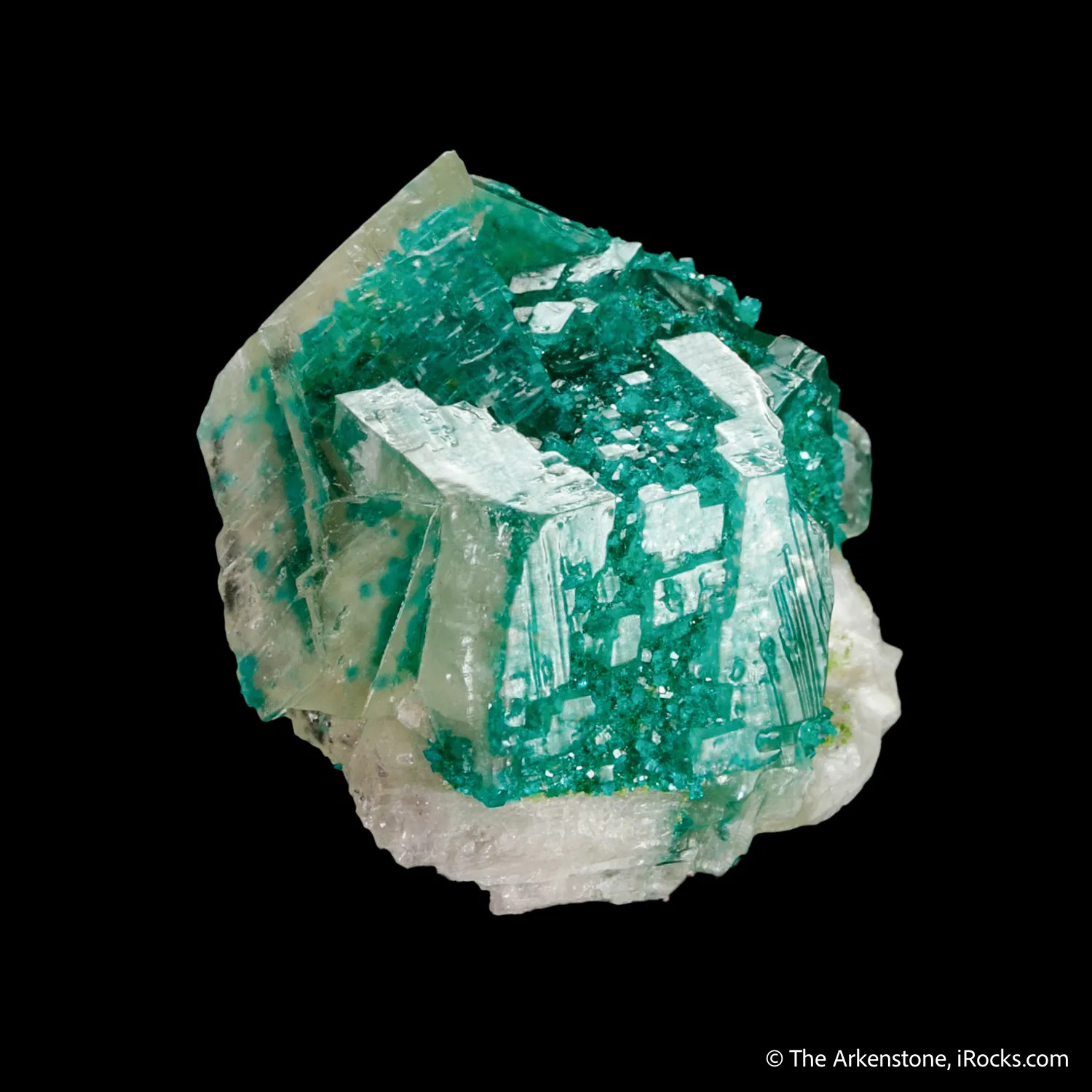 Dioptase on and included in Calcite - image 4