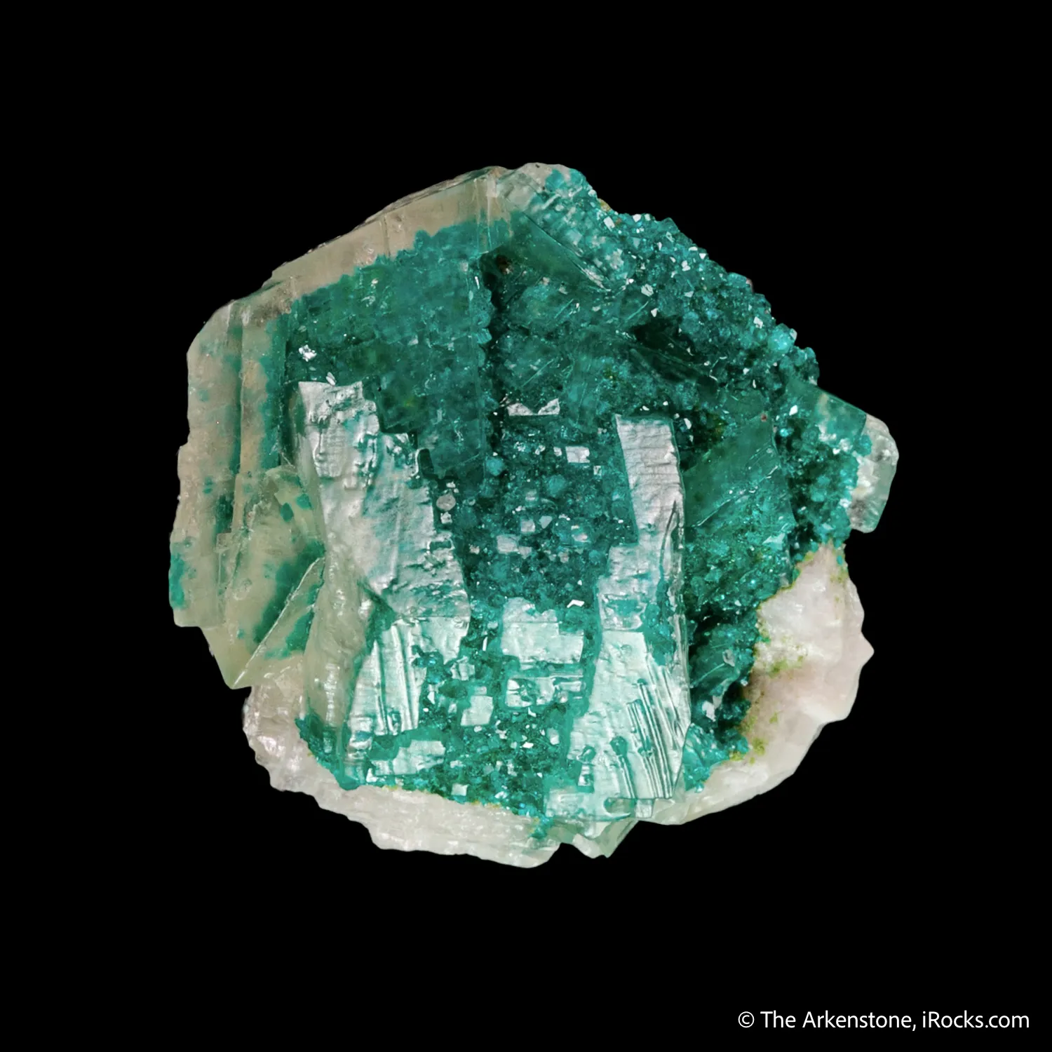 Dioptase on and included in Calcite - image 5