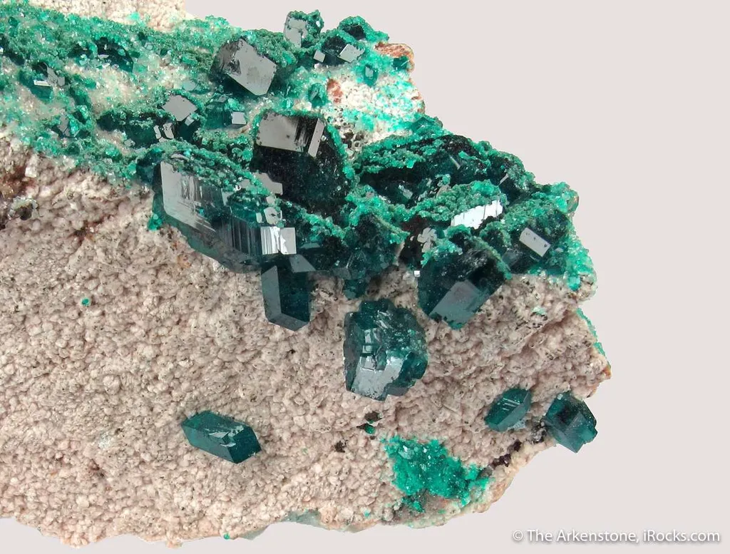 Dioptase on Dolomite with Malachite image