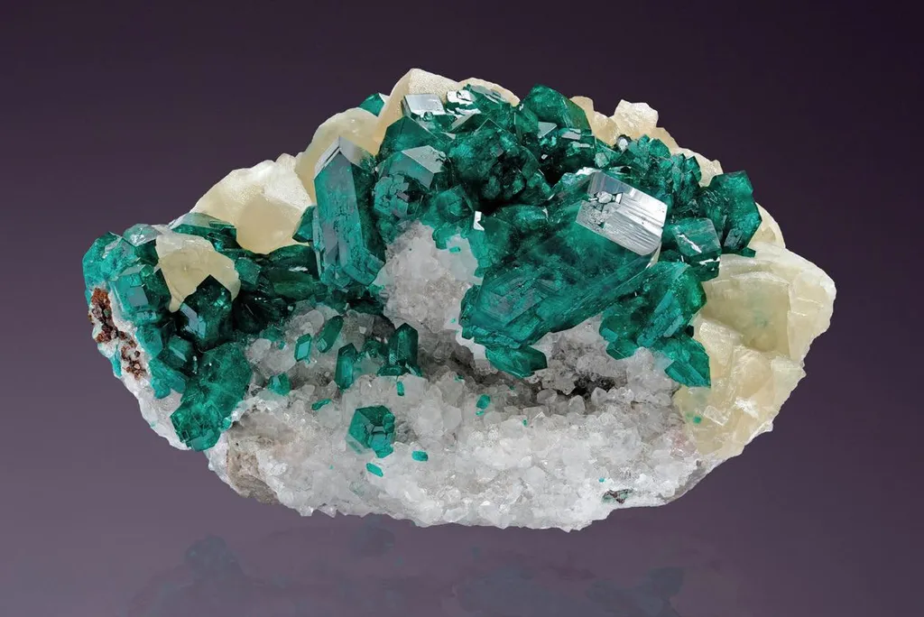 Dioptase with Calcite on Quartz image