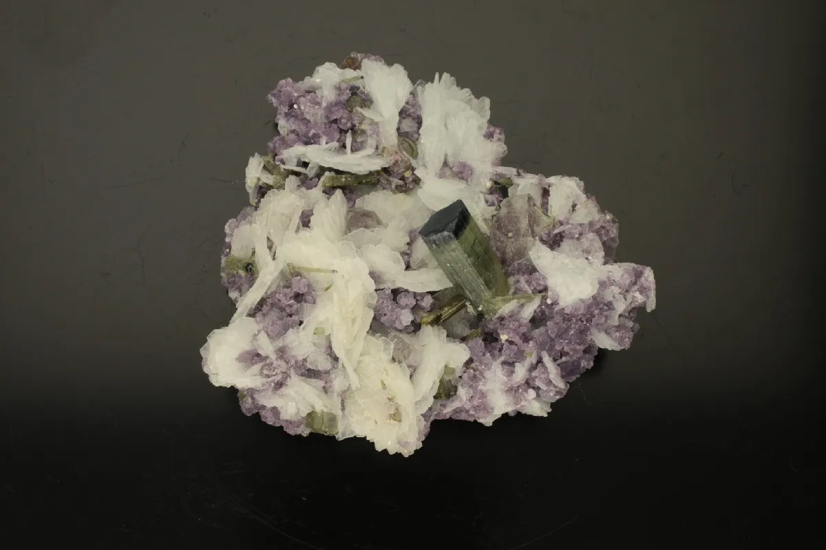 ELBAITE TOURMALINE group on CLEAVELANDITE with LEPIDOLITE - image 1