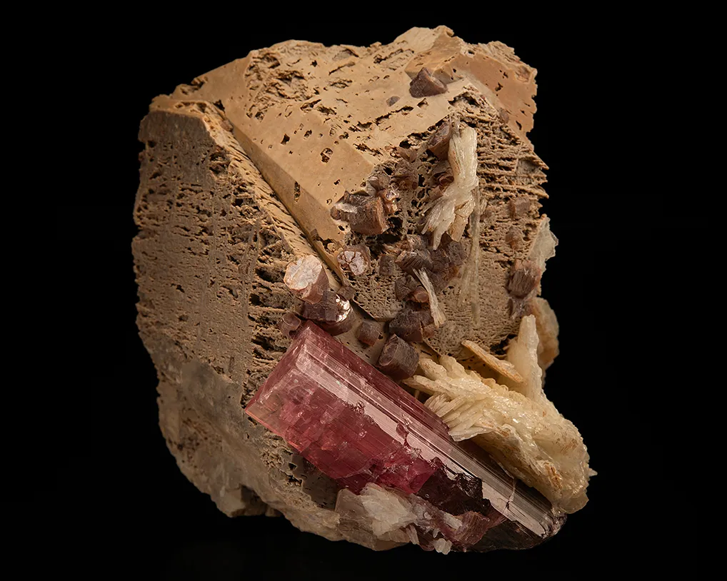 Elbaite with Lepidolite and Albite var. Cleavelandite on Microcline image