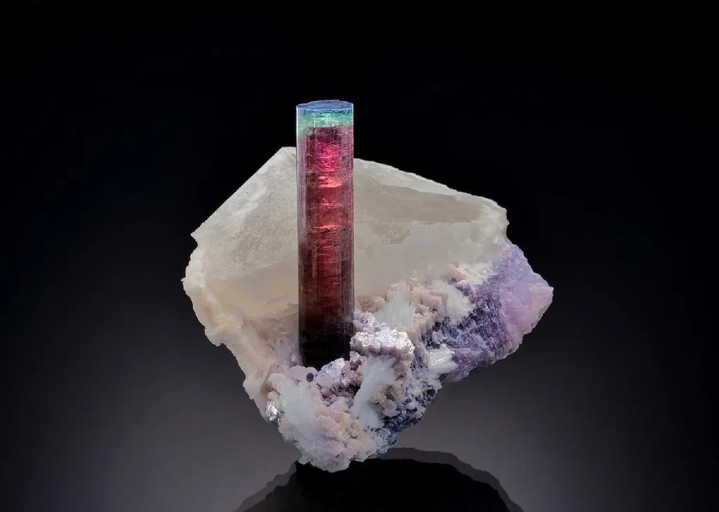 Elbaite with Lepidolite on Quartz image