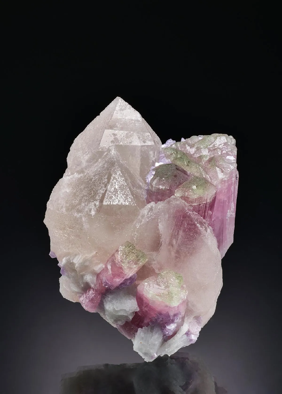 Elbaite with Lepidolite with Cleavelandite on Quartz - image 1